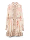 Zimmermann Illuminate Beige Mini Dress With Belted Waist And All-over Floral Print In Linen Woman