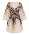 Zimmermann Pleated Floral-print Linen And Silk-blend Mini Dress In Nude