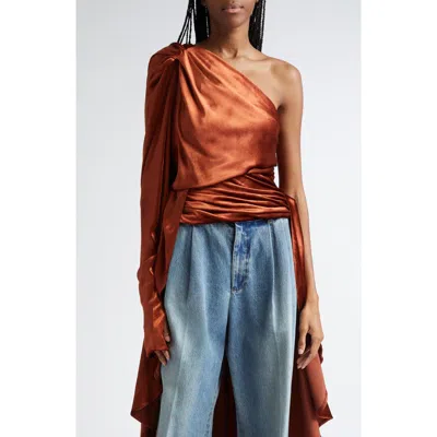 Zimmermann Illustration Draped Asymmetric Satin Top In Rust