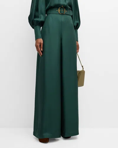 Zimmermann Pavilion Belted Pleated Silk Wide-leg Pants In Green