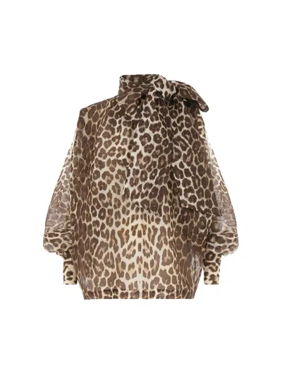 Zimmermann Silk Leopard Billow Blouse In Brown