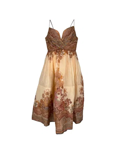 Pre-owned Zimmermann Illustration Draped Dress In Neutrals