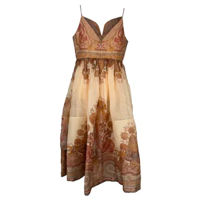Pre-owned Zimmermann Illustration Draped Midi Dress In Multicolor Linen