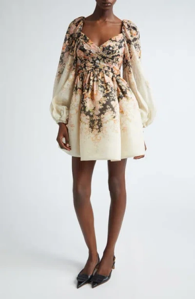 Zimmermann Illustration Pleated Floral-print Linen And Silk-blend Organza Mini Dress In Multi