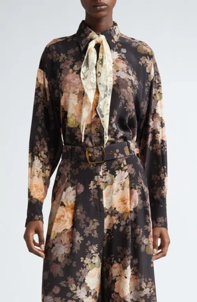 Zimmermann Illustration Floral Silk Button-up Shirt With Lace Scarf In Black Rococo Floral