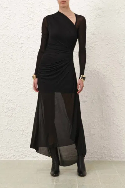 Zimmermann Crush Off-the-shoulder Tie-detailed Gathered Stretch-mesh Maxi Dress In Black