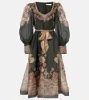 Zimmermann Illustration Belted Printed Linen And Silk-blend Organza Midi Dress In Black