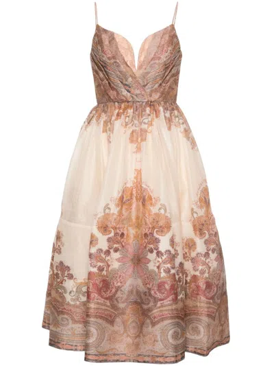 Zimmermann Illustration Pleated Printed Linen And Silk-blend Organza Midi Dress In Multi