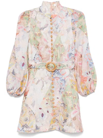 Zimmermann Bonita Floral-print Broderie Anglaise Belted Mini Dress In Multicolor Linen