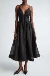 Zimmermann Illustration Pleated Linen And Silk-blend Midi Dress In Black