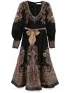 Zimmermann Illustration Belted Printed Linen And Silk-blend Organza Midi Dress In Black