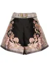 Zimmermann Illustration Belted Pleated Printed Silk And Cotton-blend Twill Shorts In Black