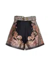 Zimmermann Illustration Belted Pleated Printed Silk And Cotton-blend Twill Shorts In Black