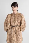 Zimmermann Cascadian Beige Tunic Dress With Stand-up Collar And All-over Leopard Print In Linen Woman In Brown