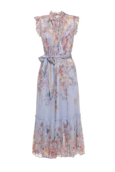 Zimmermann Indigo Floral Midi Dress With High Collar And Tassel Laces In Purple