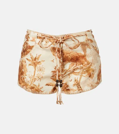 Zimmermann Indra Beaded Printed Linen Shorts In Sand