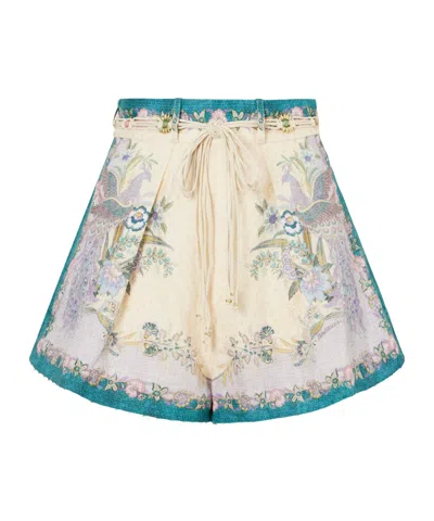 ZIMMERMANN INDRA BELTED MID-RISE FLORAL-PRINT LINEN SHORTS