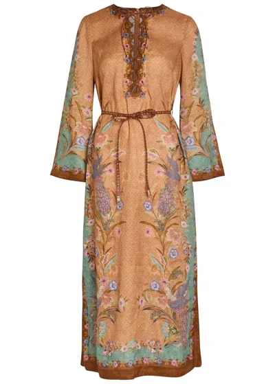 Zimmermann Indra Belted Printed Linen Midi Tunic Dress In Brown