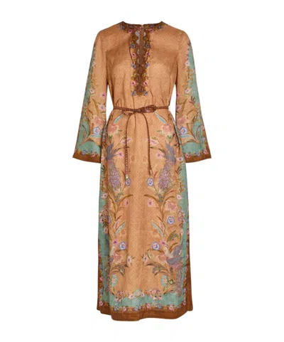 Zimmermann Indra Belted Printed Linen Midi Tunic Dress In Brown