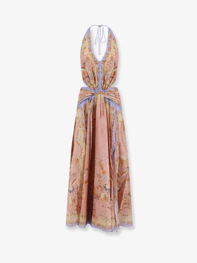 Zimmermann Indra Plunge Printed Metallic Cotton And Silk-blend Halterneck Maxi Dress In Brown