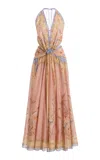 Zimmermann Indra Plunge Printed Metallic Cotton And Silk-blend Halterneck Maxi Dress In Brown