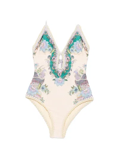 Zimmermann Womens Cream Scarf Floral Indra Crochet-detail One-piece Swimsuit In Multi