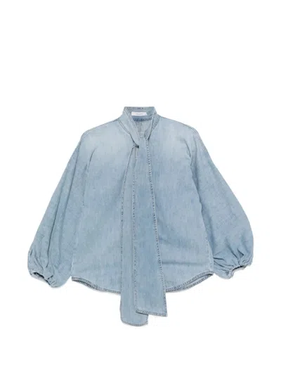 Zimmermann Indra Denim Tie Neck Blouse In Blue