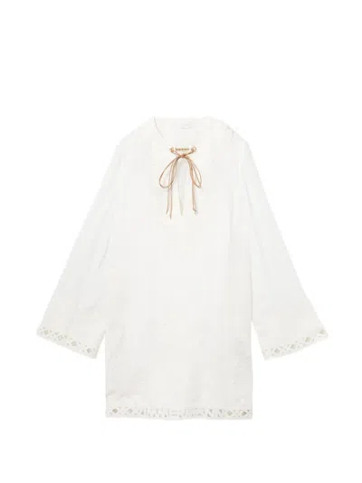Zimmermann Indra Belted Embroidered Ramie Mini Dress In White