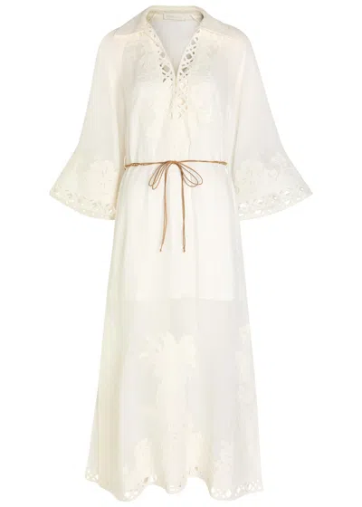 Zimmermann Indra Embroidered Belted Ramie Maxi Dress In White