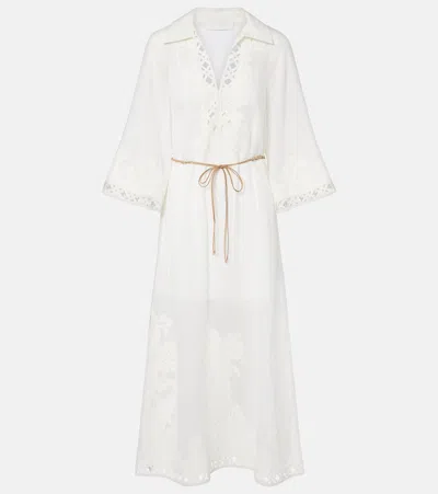 Zimmermann Indra Embroidered Belted Ramie Maxi Dress In Neutral