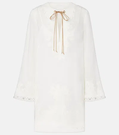 Zimmermann Indra Belted Embroidered Ramie Mini Dress In White