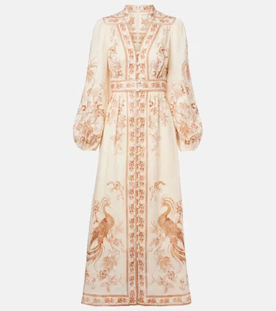 Zimmermann Womens Cream Tan Floral Indra Plunge Linen Midi Dress Xl In Neutral