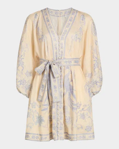 Zimmermann Indra Floral Plunge Linen Minidress In Crm Lilac