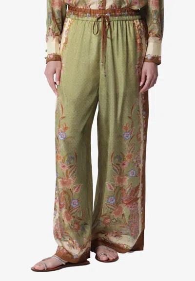 Zimmermann Indra Floral Print Silk Pants In Green