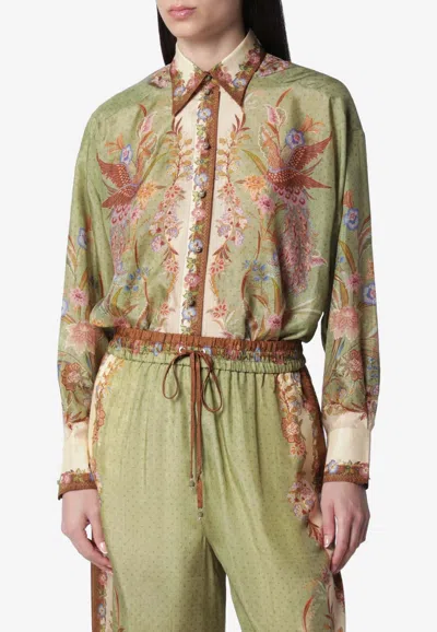 Zimmermann Indra Floral Print Silk Shirt In Green