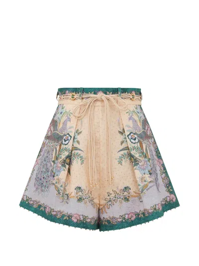 Zimmermann Indra Belted Mid-rise Floral-print Linen Shorts In Neutral