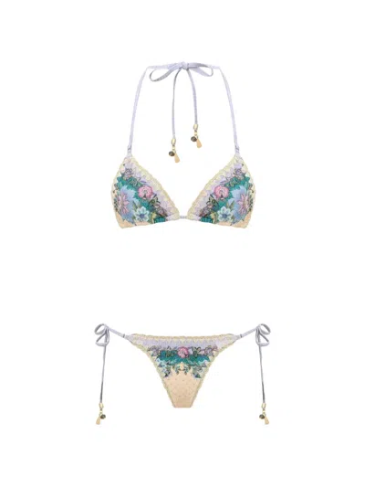 Zimmermann Indra Floral-print Crochet-trim Bikini In Blue