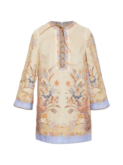 Zimmermann Indra Floral-print Lace-up Mini Dress In Neutral