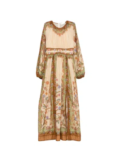 Zimmermann Indra Waisted Maxi Dress Cream Khaki Scarf Floral In Neutral