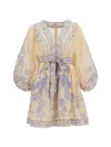 Zimmermann Womens Indra Plunge Linen Mini Dress Cream Lilac Floral In Yellow