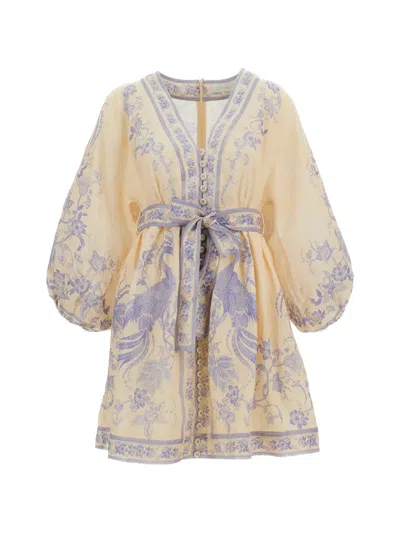 Zimmermann Indra Belted Floral-print Linen Mini Dress In White