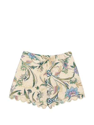 Zimmermann Kids' Indra Floral-print Scalloped-hem Shorts In Neutral