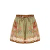 Zimmermann Indra Relaxed Silk Shorts Khaki Scarf Floral In Multi
