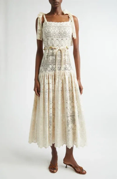 Zimmermann Indra Belted Cotton Lace Midi Dress In White