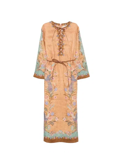 Zimmermann Indra Belted Printed Linen Midi Tunic Dress In Brown