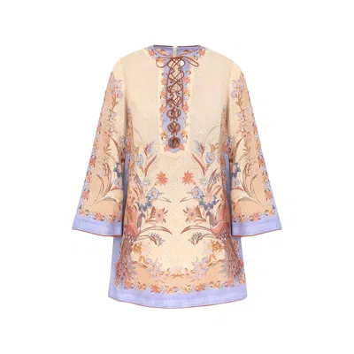 Zimmermann Womens Biscuit Scarf Floral Indra Floral-print Linen Tunic Mini Dress Xs In Neutral