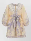 Zimmermann Womens Indra Plunge Linen Mini Dress Cream Lilac Floral In Yellow