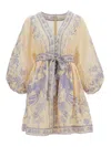 Zimmermann Womens Indra Plunge Linen Mini Dress Cream Lilac Floral In Multi