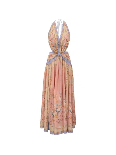 Zimmermann Indra Plunge Printed Metallic Cotton And Silk-blend Halterneck Maxi Dress In Brown