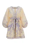 Zimmermann Womens Indra Plunge Linen Mini Dress Cream Lilac Floral In Yellow
